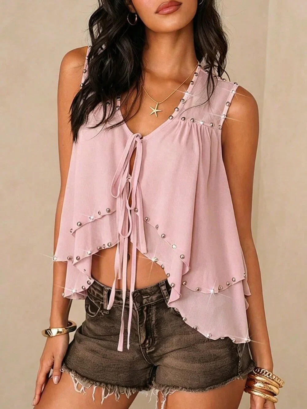 Pink Boho Women's Music Festival Ruffled Shirt with Rivet Detail Front Tie